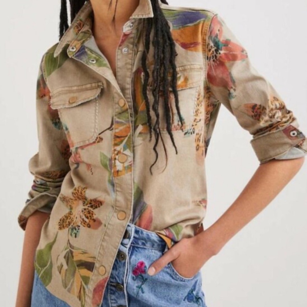 Desigual Beige Floral-Print Button-Front Blouse with Multicolor Accents